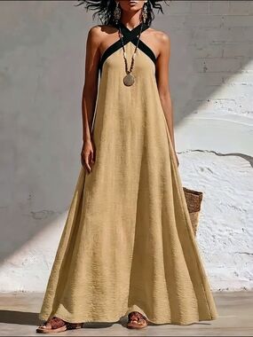 Sleeveless Crisscross Halter Maxi Dress in Tan with Black Trim
